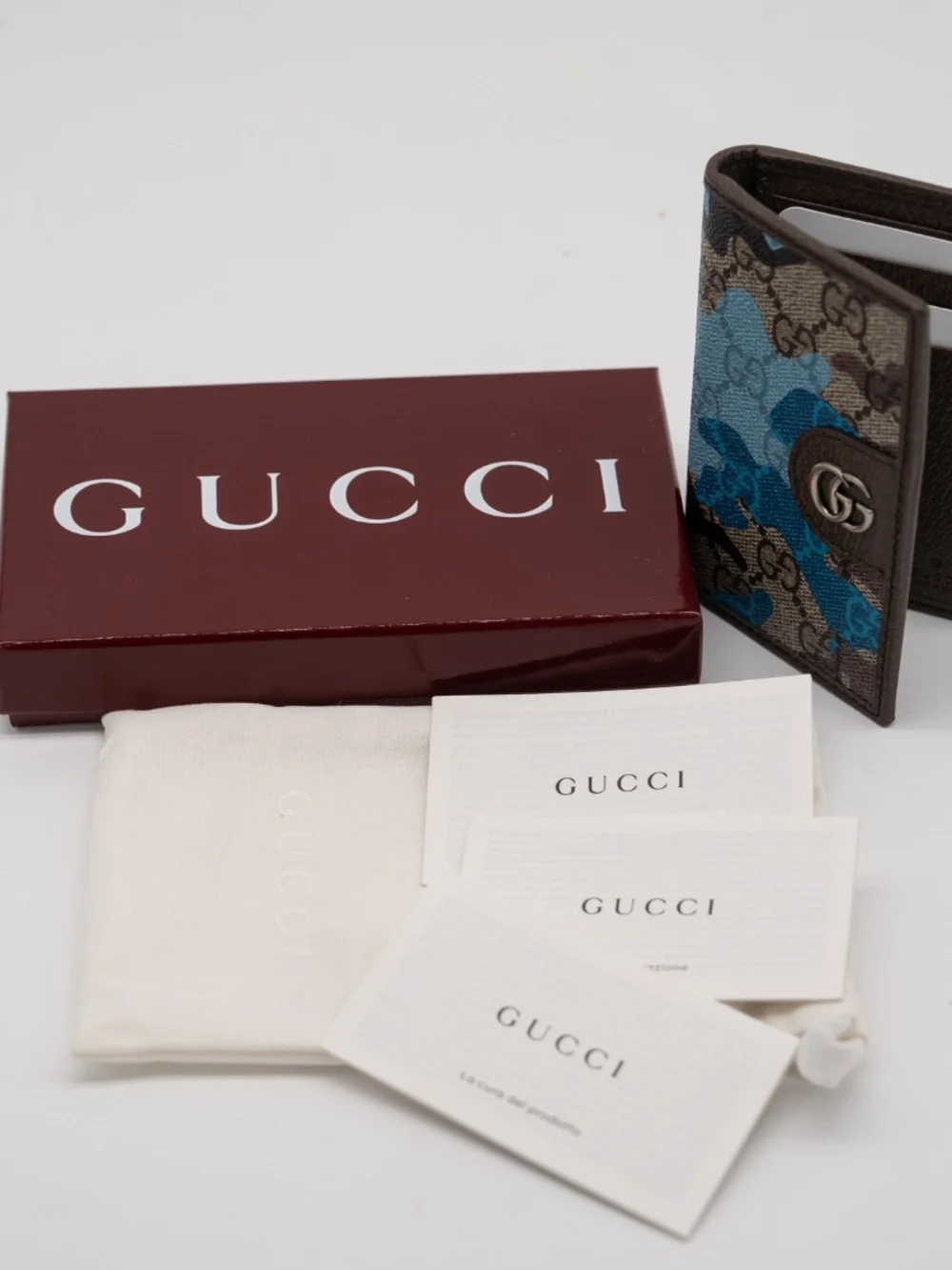 Gucci Long Card Case Wallet GG Monogram Marbled Blue Camo Canvas